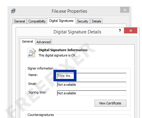 Screenshot of the TiVo Inc. certificate